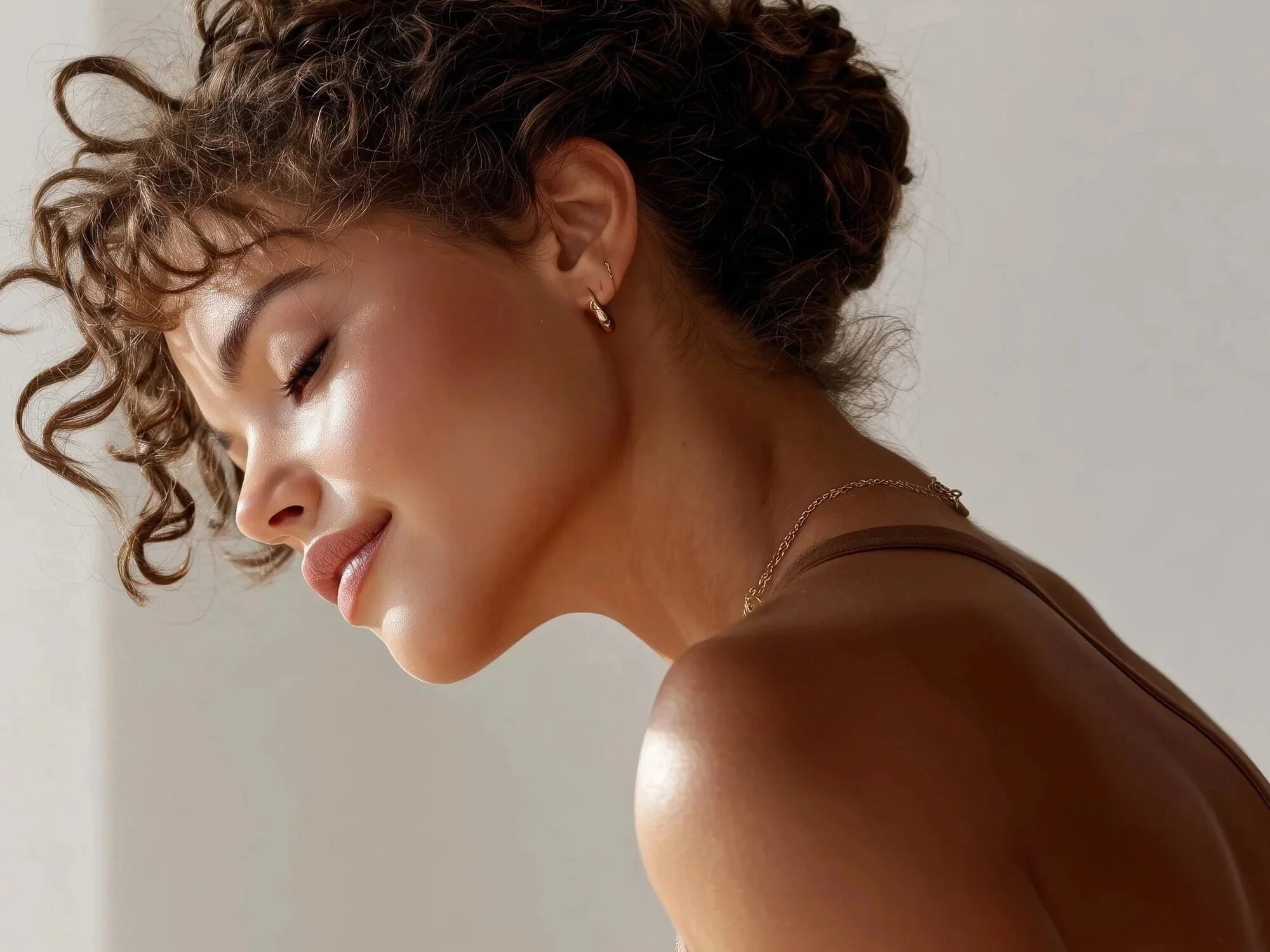 A woman with short, curly hair and light makeup, wearing small hoop earrings and a delicate necklace, has her eyes closed and is smiling softly, with her head tilted downward against a neutral background.