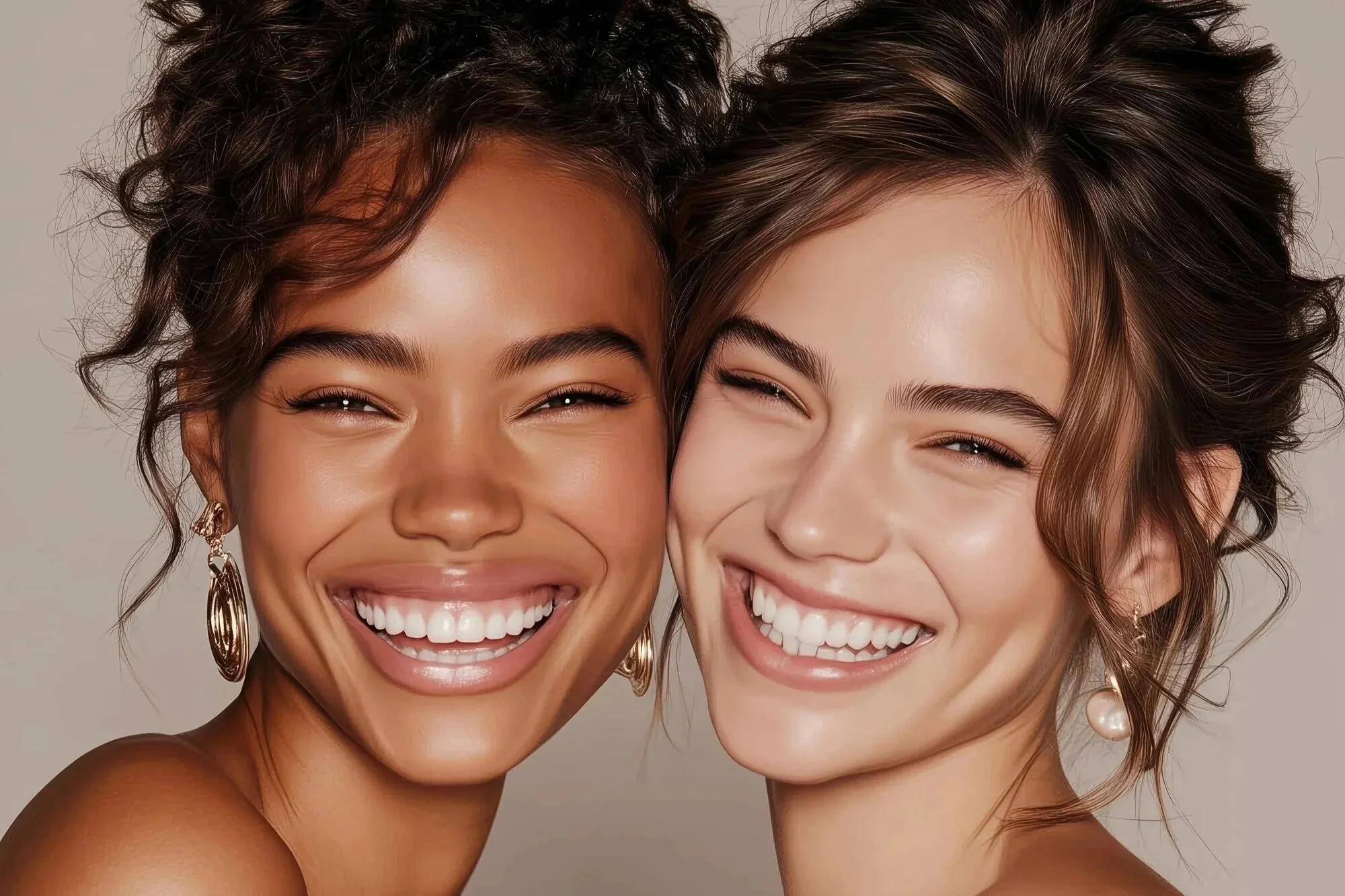 Two women smiling closely with their faces touching, both showing white teeth and wearing earrings, against a plain background.