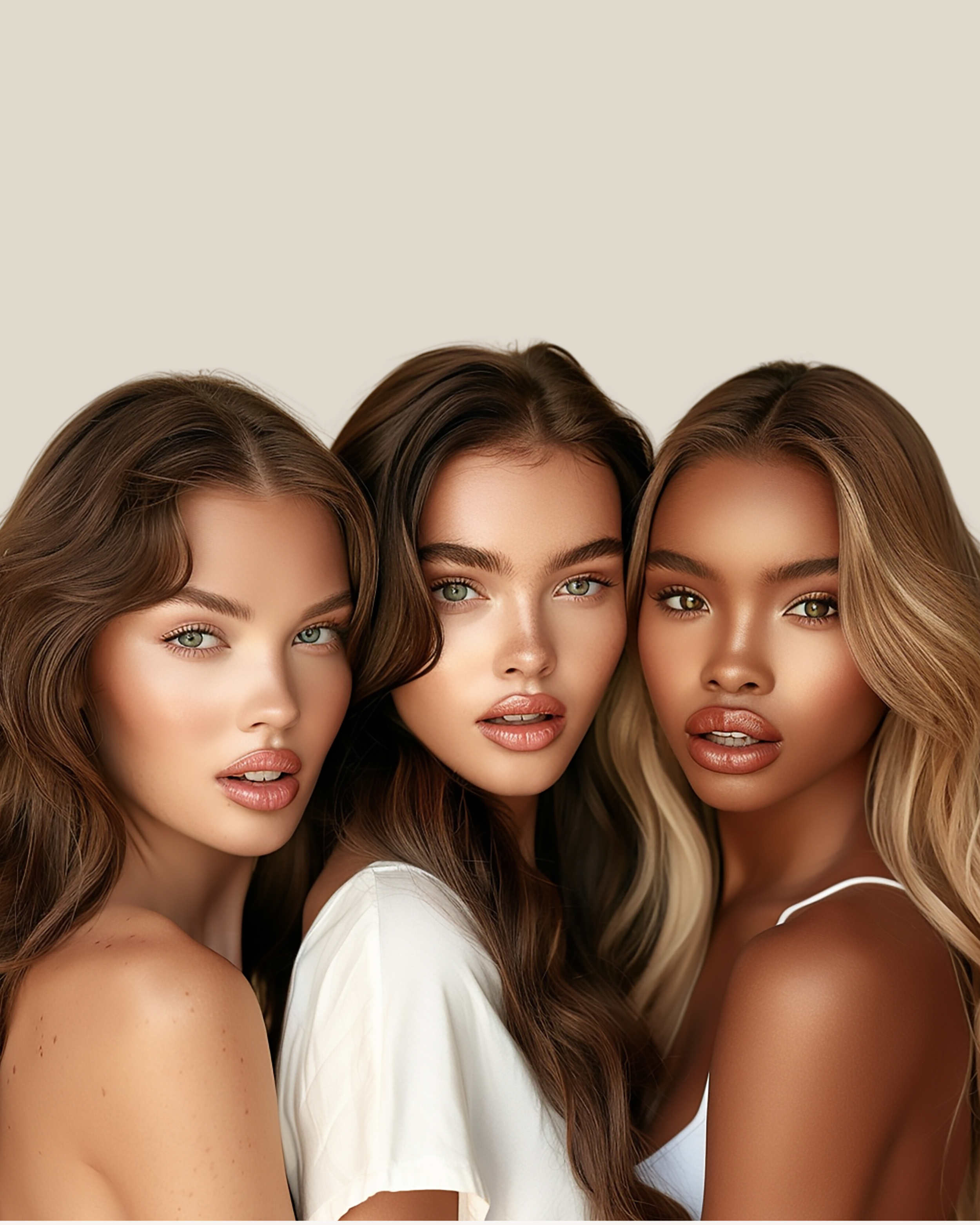 Close-up of three women with different hair colors and styles, all with makeup, looking at the camera against a neutral background.