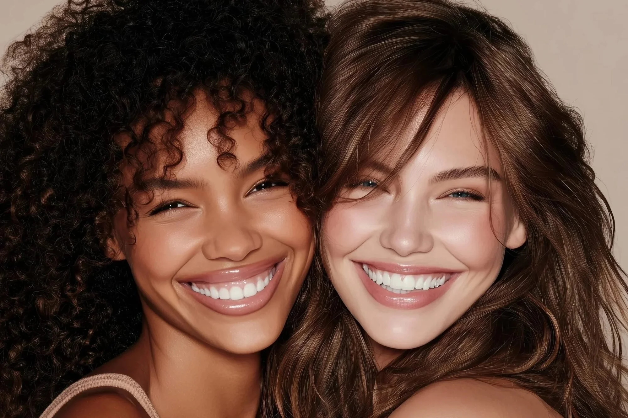 Two women smiling close up, showing their teeth.