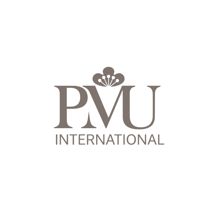 Logo for PVU International with a stylized flower design above the text.