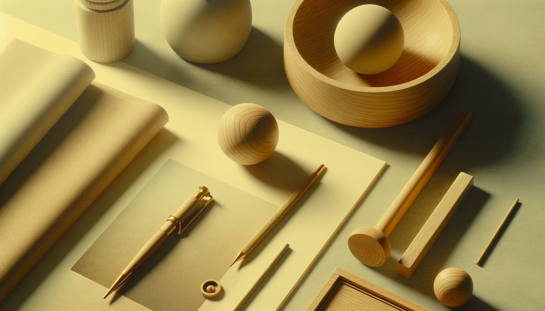 Various wooden objects and stationery items arranged on a pale surface, including wooden spheres, a large round wooden bowl with a sphere inside, rolled-up paper, a pen, and other wooden and paper objects with soft lighting.