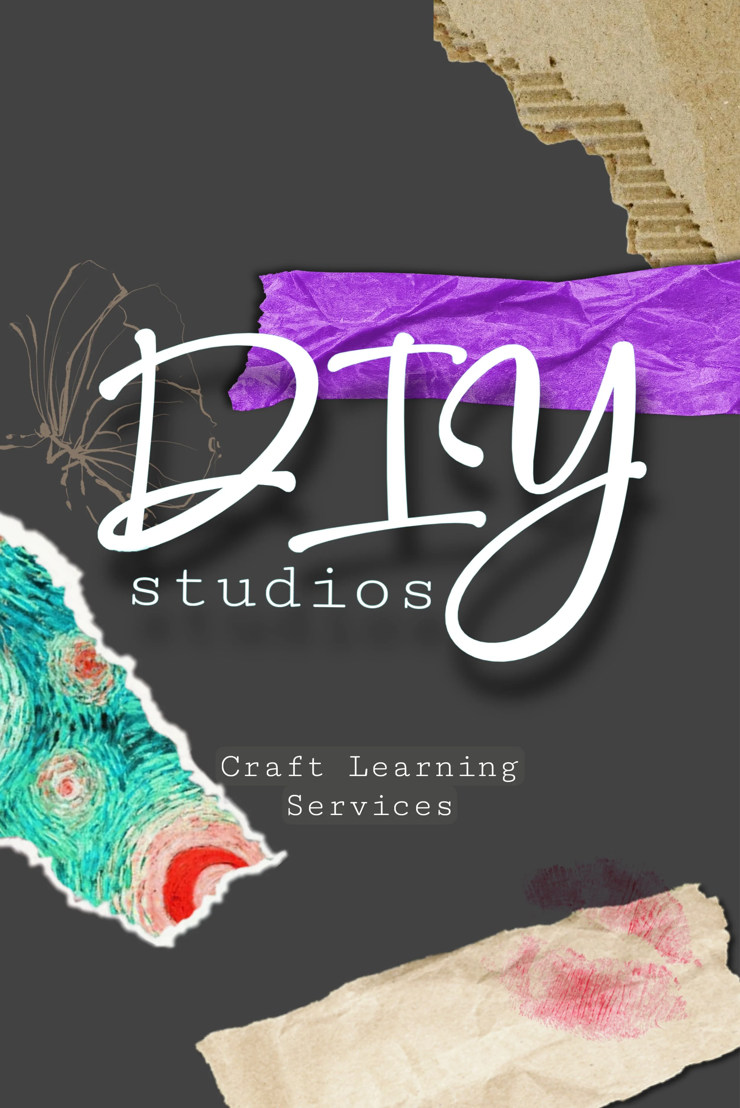 Collage of torn paper pieces, some with textured and colorful designs, over a dark background. Text overlay includes 'Online Studios' in cursive and 'Craft Learning Services' in lowercase.