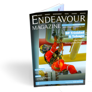 Cover of Endeavour Magazine featuring an outdoor rock climbing scene with a person climbing a structure wearing a red jacket and orange pants against a colorful background.