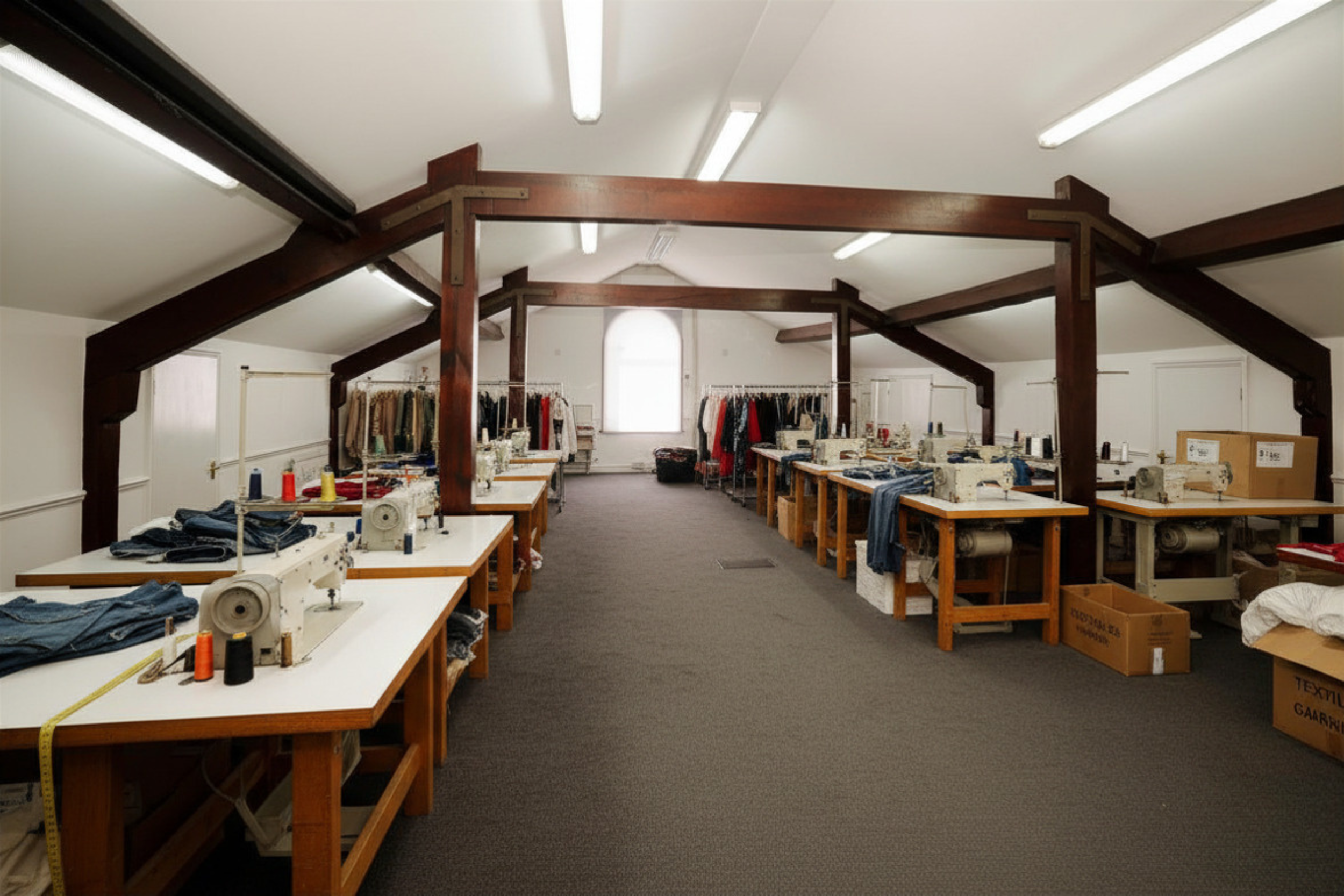 A spacious room with white walls and ceiling, illuminated by fluorescent lights, featuring wooden beams and racks filled with clothing and sewing supplies.