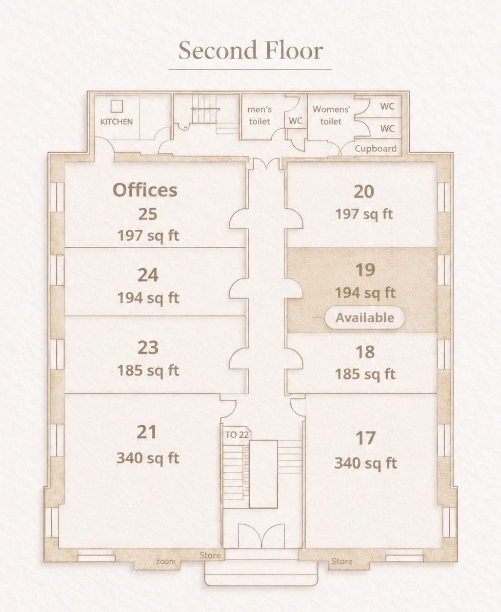 Second-floor layout of office building with room numbers, sizes in square feet, and amenities like toilets and storage