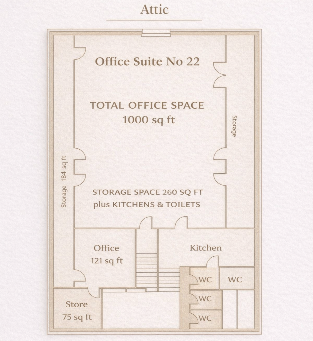 Floor plan of an office layout, including a large office suite of 1000 sq ft, storage spaces, an office, kitchen, multiple washrooms, and a staircase.