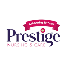Prestige Nursing & Care logo with a pink banner saying 'Celebrating 80 Years'