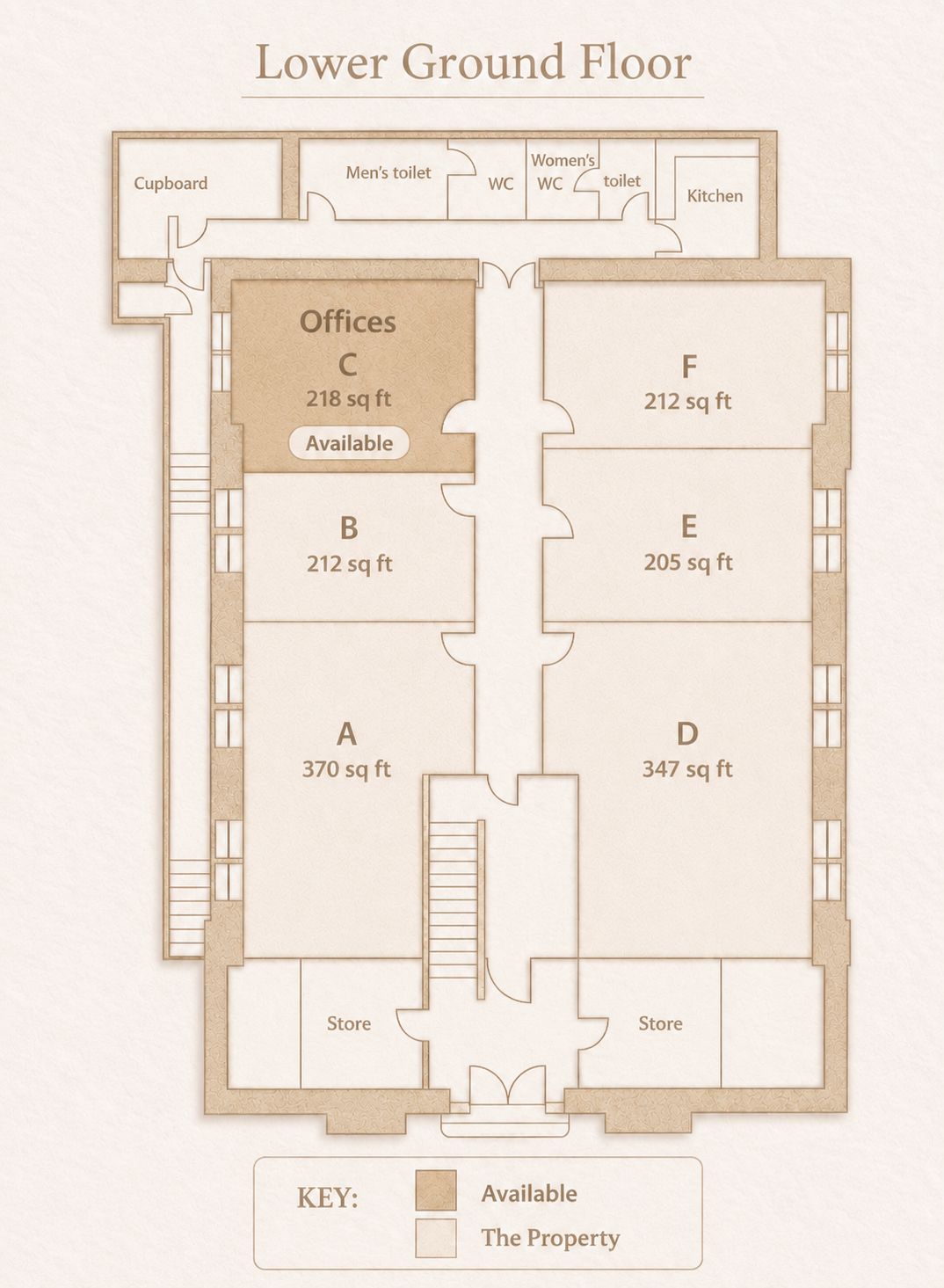 Floor plan of lower ground floor with rooms labeled Office C, B, A, and D, and spaces for kitchen, toilets, cupboard, and store, marked as available and property.
