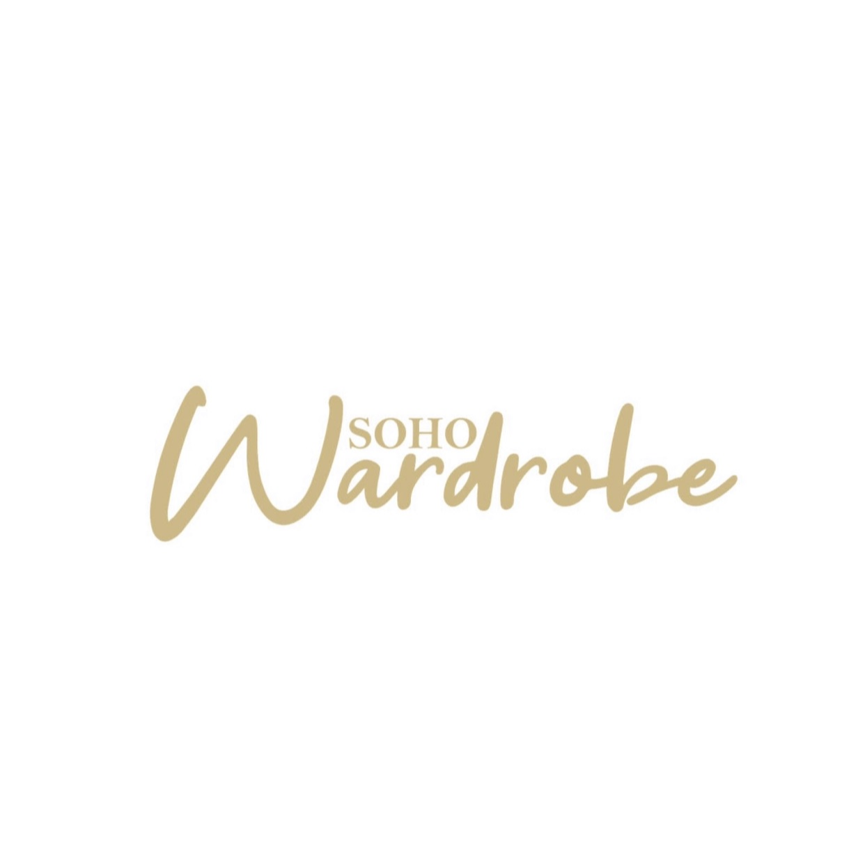 Logo with the words 'SOHO Wardrobe' in beige script font on a white background.