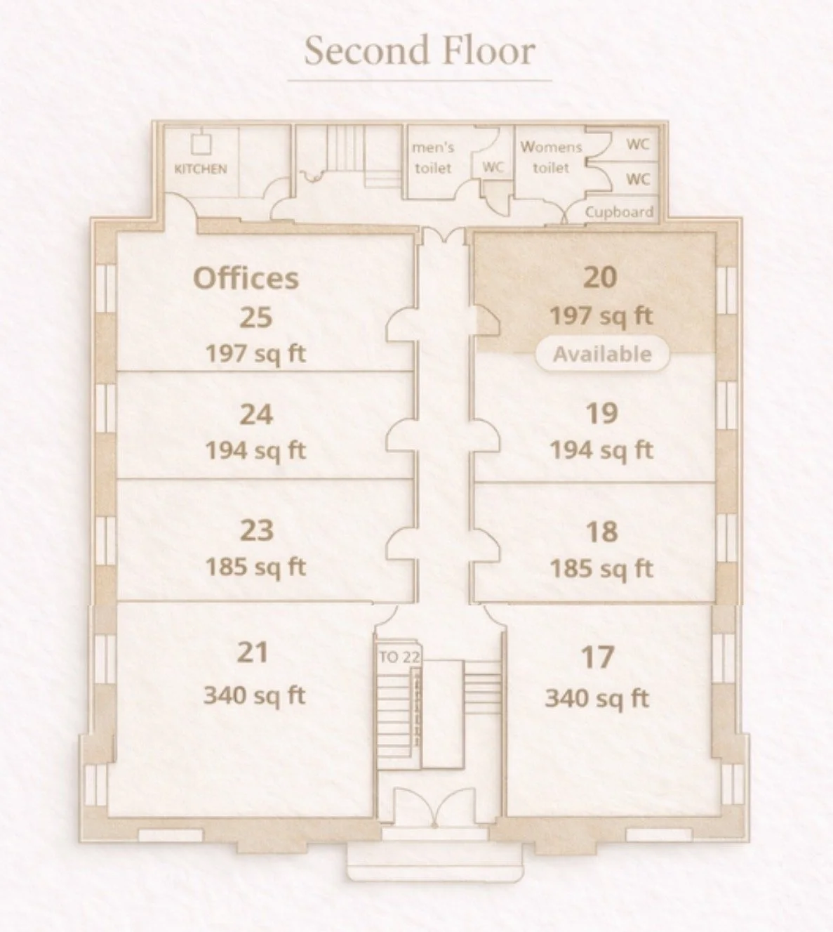 Floor plan of the second floor showing rooms numbered 17 to 25, with their area in square feet, and indicating some rooms as offices or available. The layout includes a staircase, toilets, a kitchenette, and a cupboard.