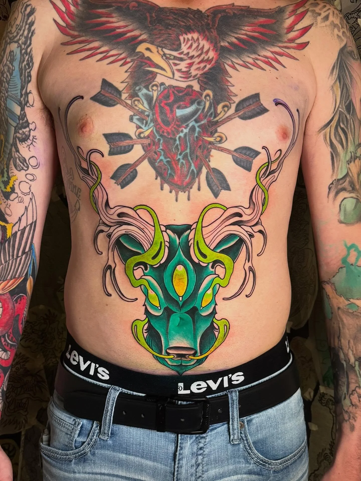 First session on this guy🙏🏻 stoked to wrap it up next time! @iron_heart_tattoo 
&mdash;&mdash;&mdash;&mdash;&mdash;&mdash;
#iowatattooartist #tattoo #illustration #neotraditional #tattooartist