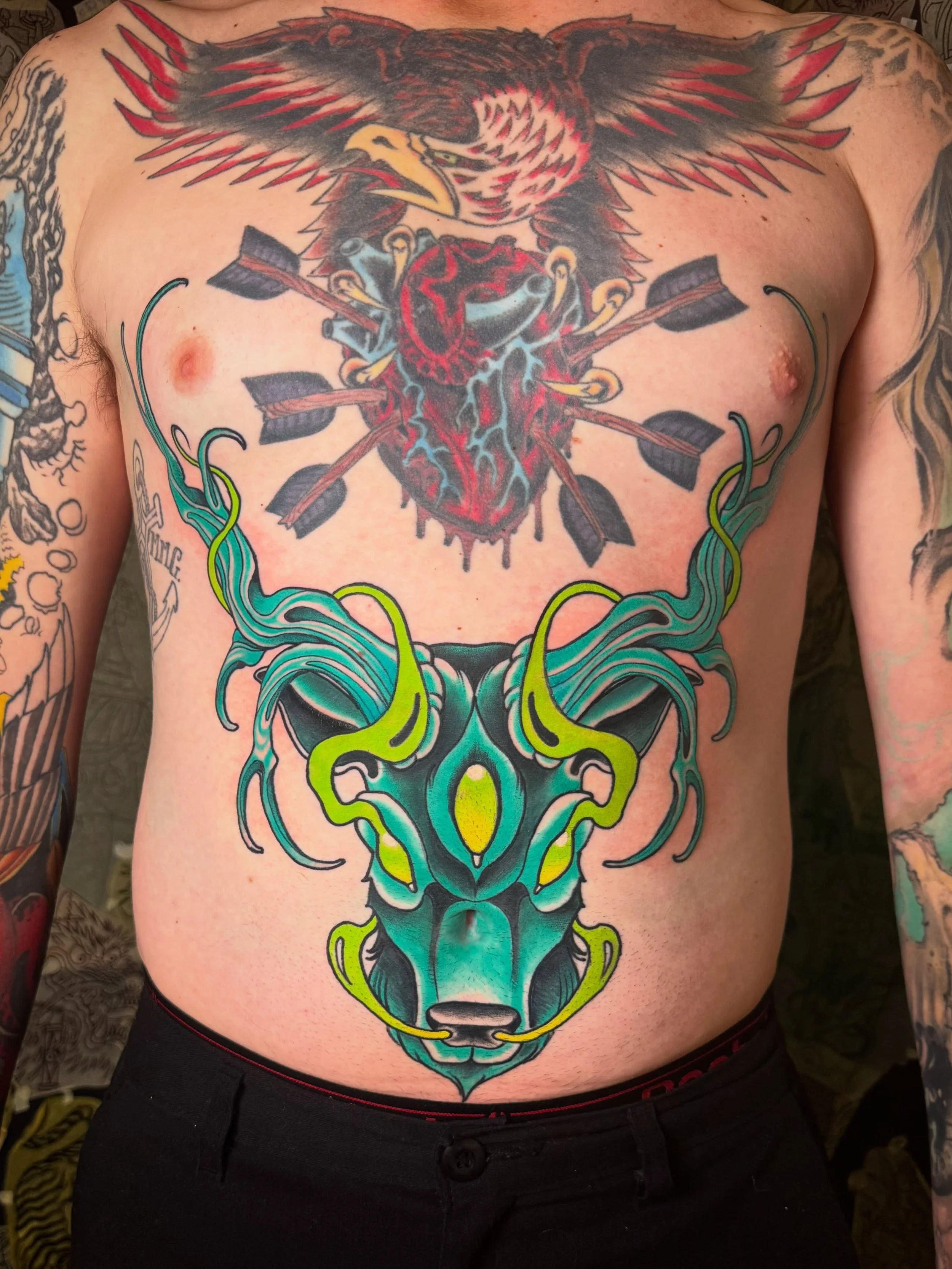Got to wrap this one up! Everything is healed except for the antlers. @iron_heart_tattoo 
&mdash;&mdash;&mdash;&mdash;&mdash;&mdash;
#iowatattooartist #tattoo #illustration #neotraditional #tattooartist