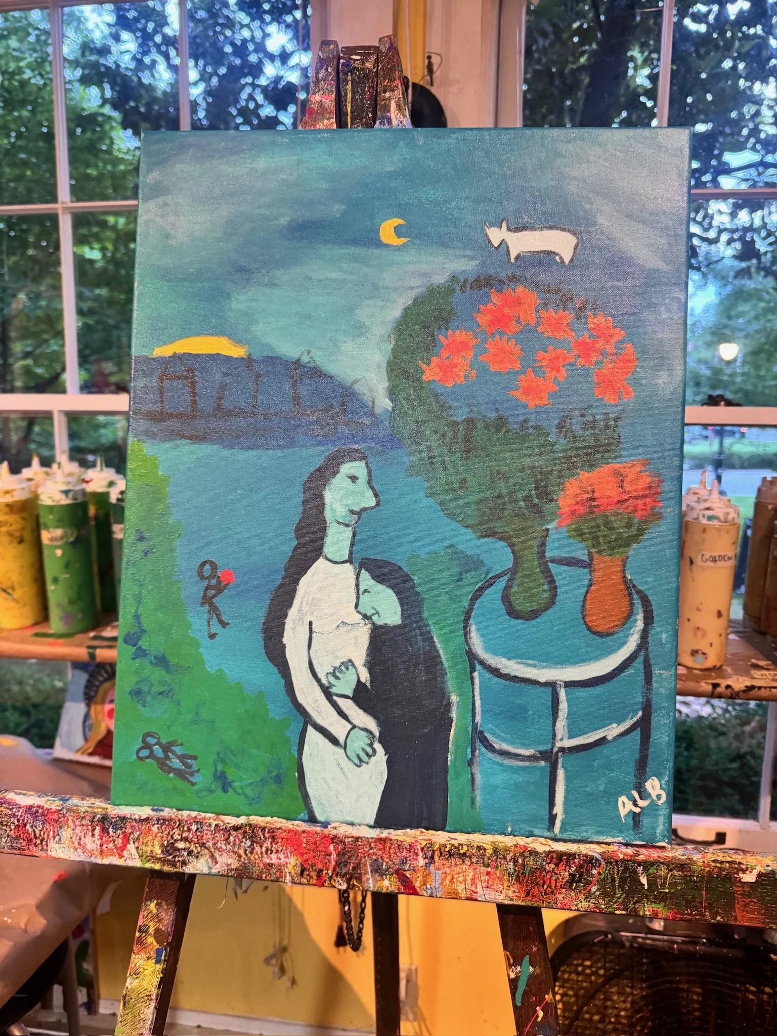 Confidence dans le paysage bleu, 2026. Acrylic on canvas, 16" x 20". Property of @Whet Your Palette