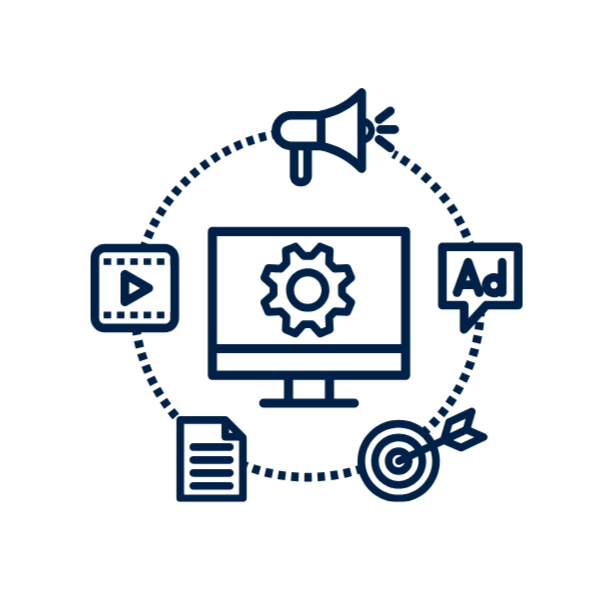 Digital marketing icons including a monitor with a gear, a megaphone, a play button, a document, a targeting icon, and an ad speech bubble, arranged in a circular pattern.