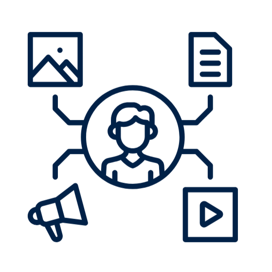 Outline of a person at the center with connected icons for a photo, document, video, and megaphone.