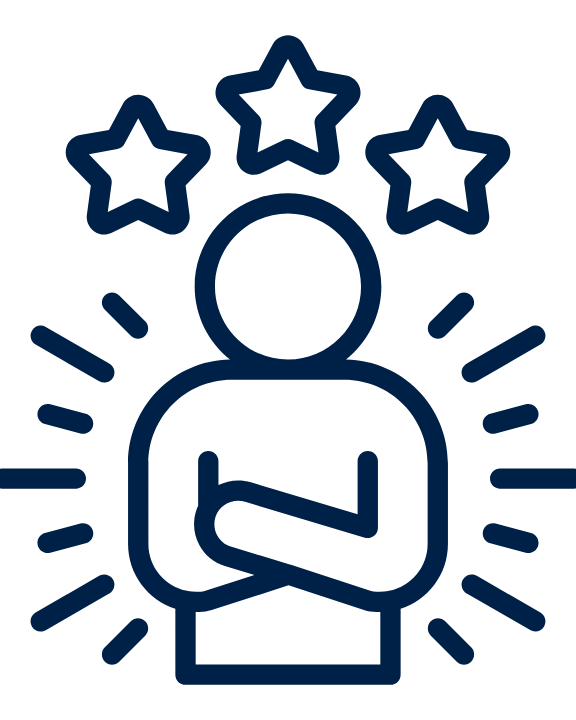 Outline of a person with arms crossed, surrounded by three stars and radiating lines, representing recognition or achievement.