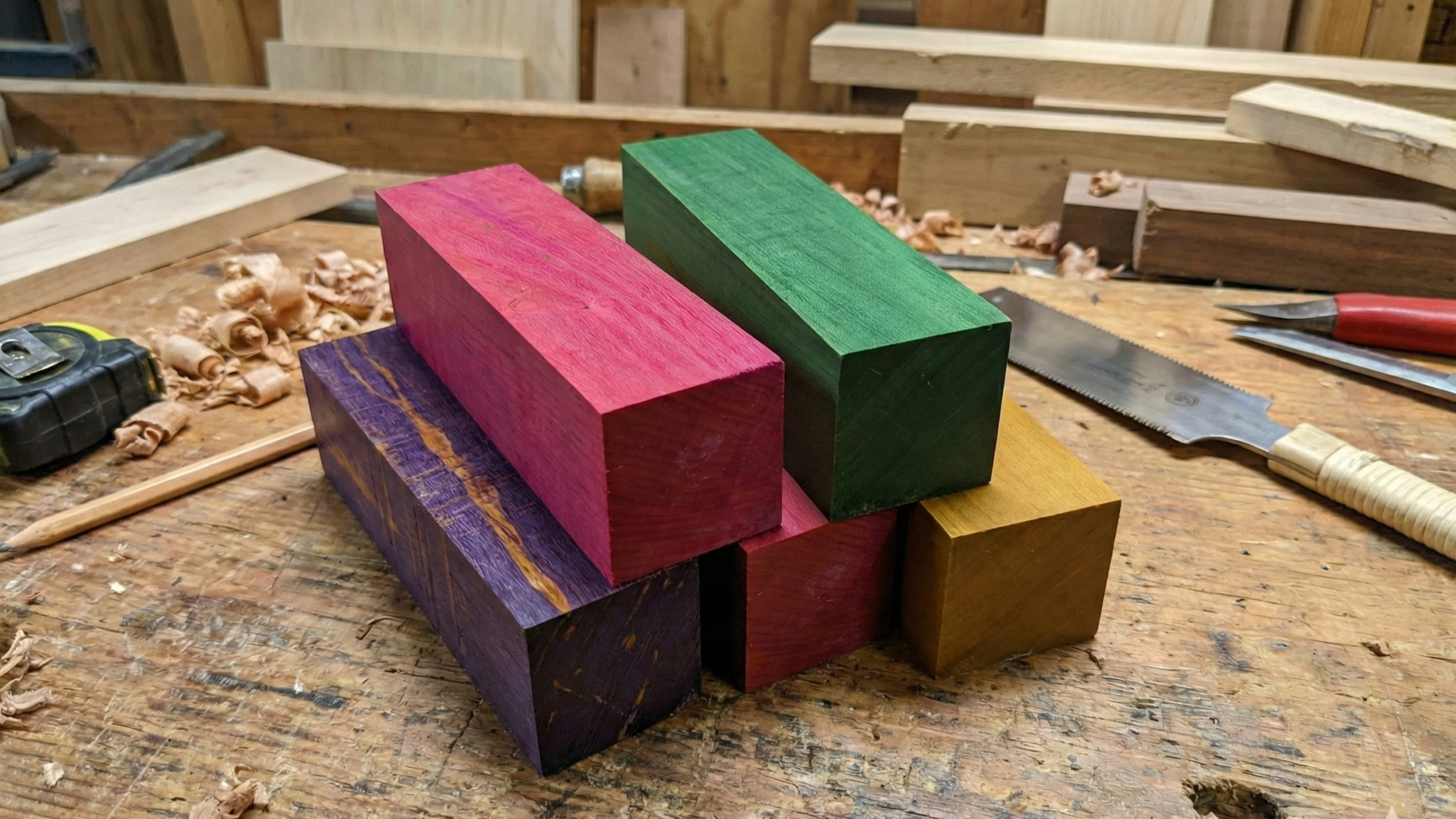 Colorful wooden blocks stacked on a workbench in a woodworking shop with tools and wood shavings around.