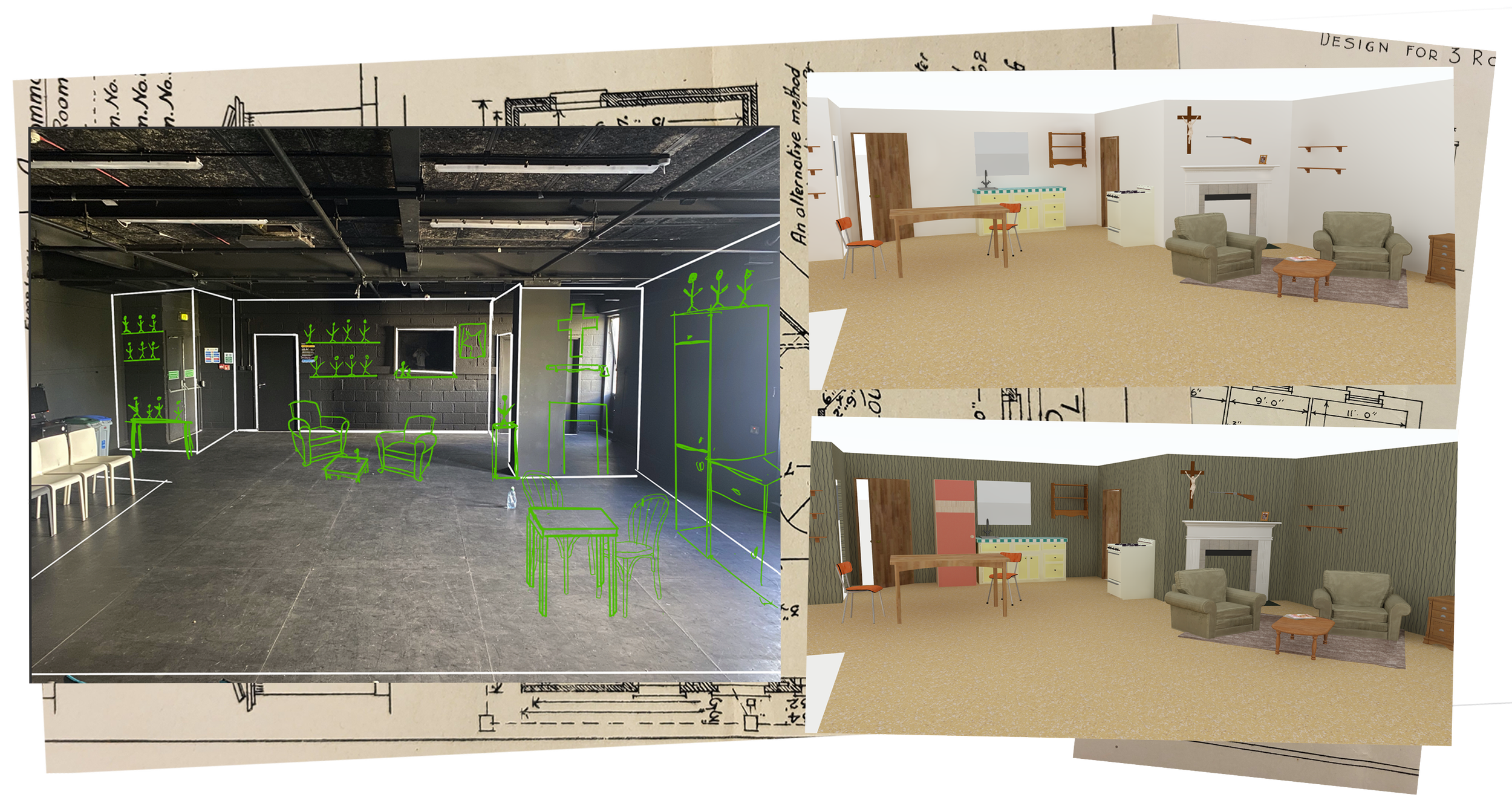 initial drawing in procreate and first render on sketchup and podium