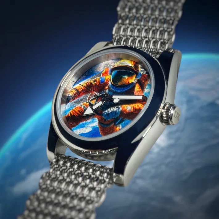 A wristwatch with a colorful astronaut design on the dial, set against a background of Earth from space.