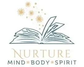 Open book with pages turning, surrounded by small decorative stars and text 'Nurture Mind Body Spirit'.