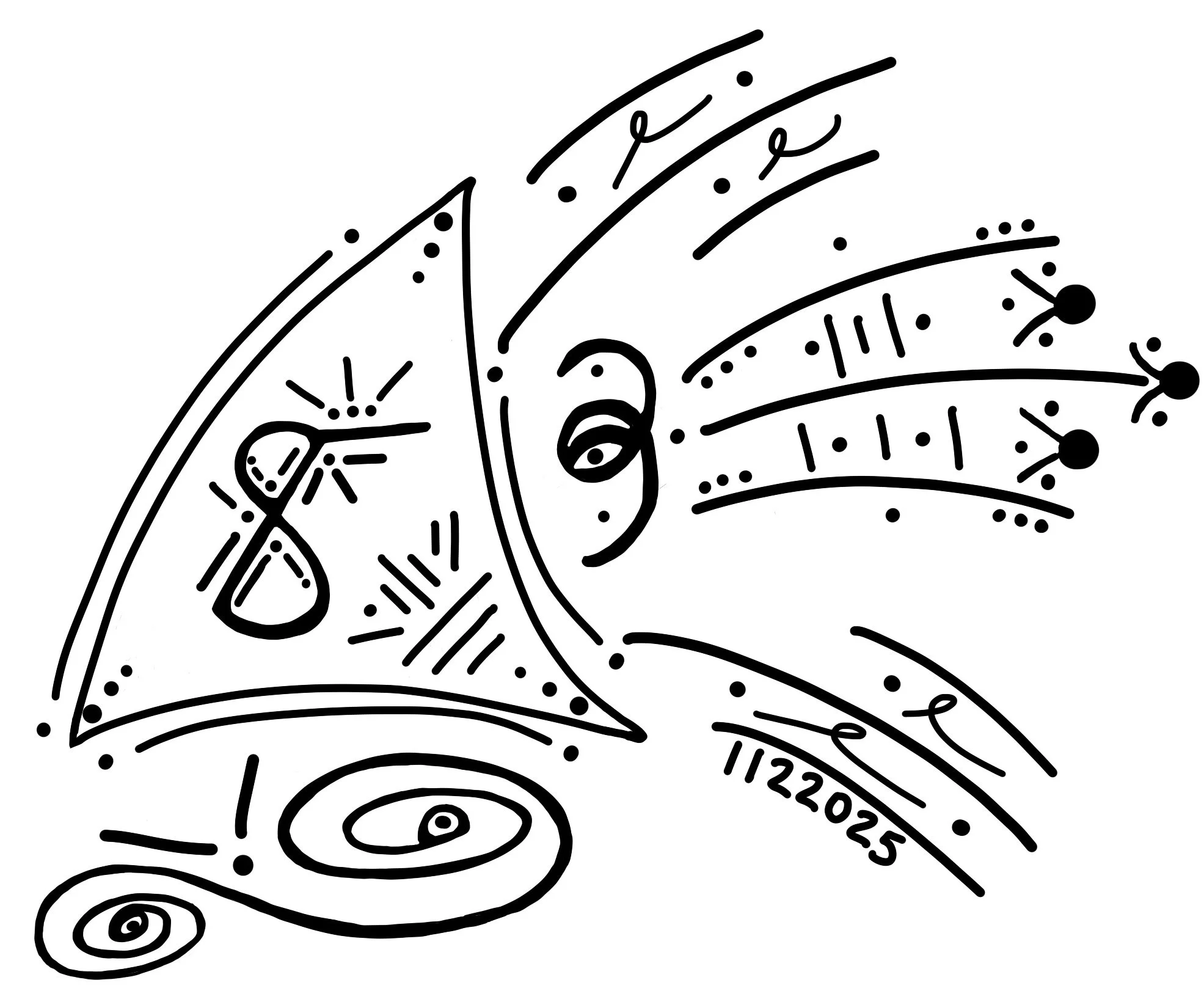 Black outline of a stylized sailboat with abstract waves and a string of five small circles connected by lines.