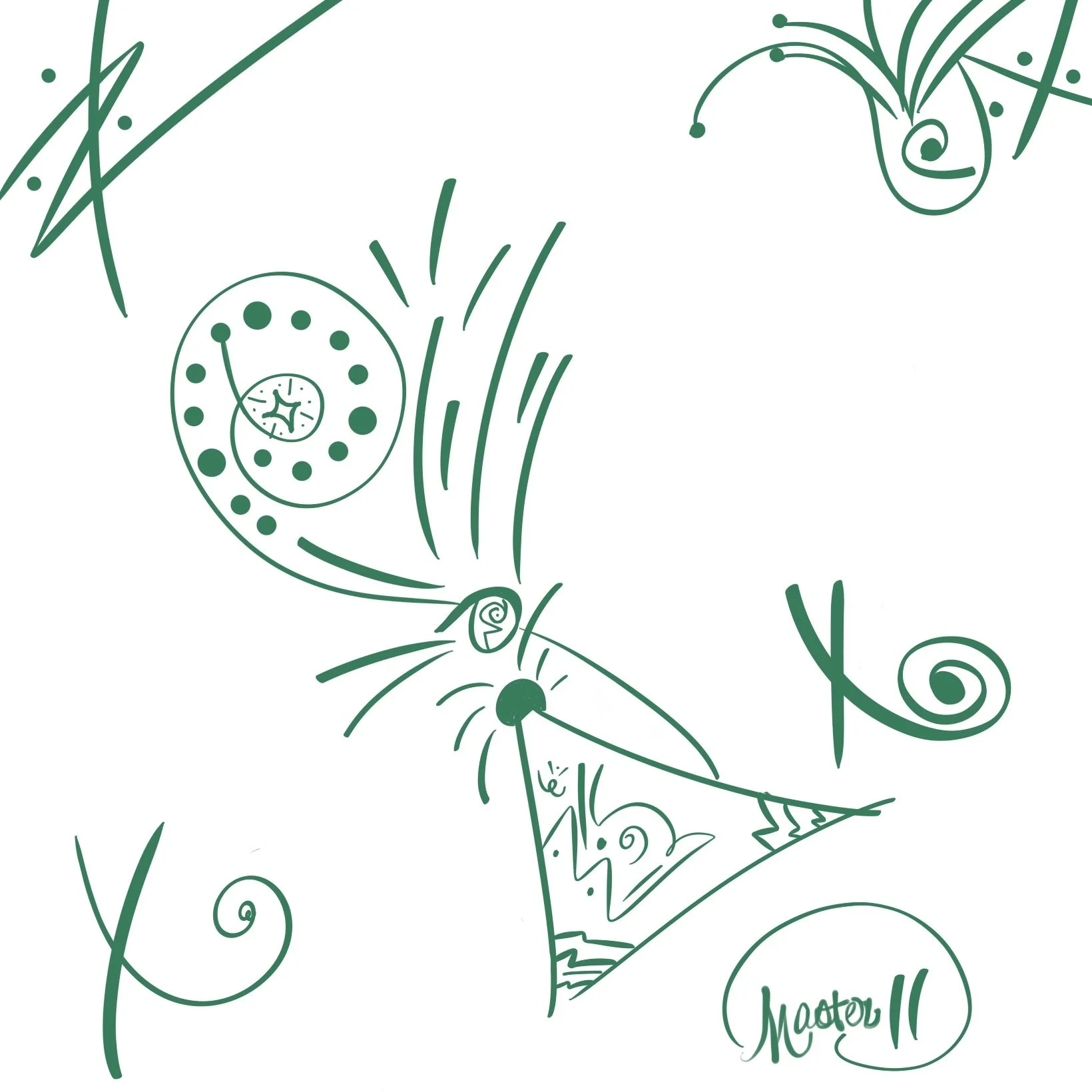 Line drawing of a butterfly with intricate wing patterns, surrounded by swirling decorative lines and shapes, with a signature in the bottom right corner.