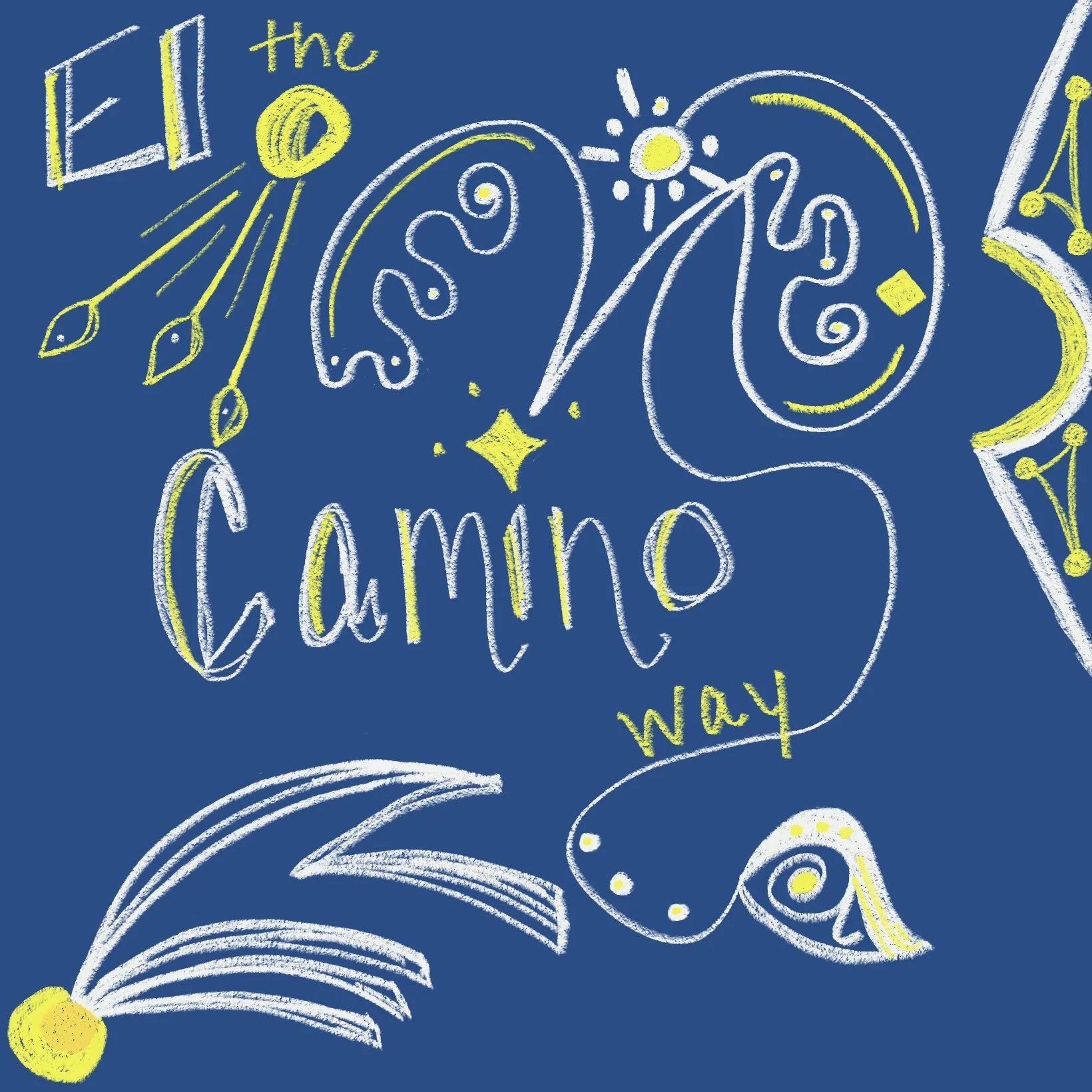 Colorful chalk-style drawing with the text 'El Camino the way' surrounded by abstract shapes, a star, and decorative elements on a blue background.