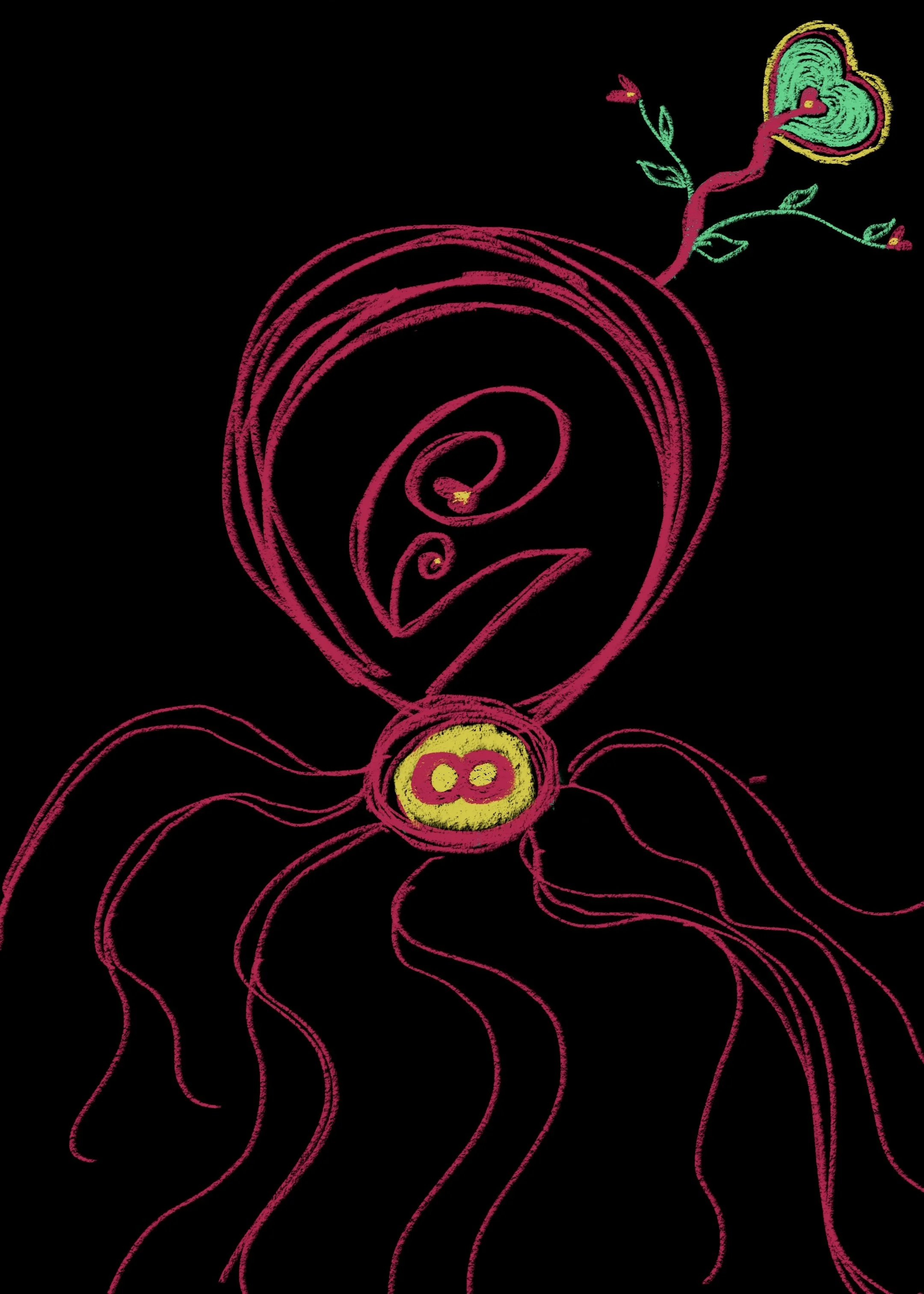 A colorful abstract line drawing of a face with swirling features, a round yellow and pink nose, and a pink flower with green leaves and a heart-shaped bloom, all on a black background.