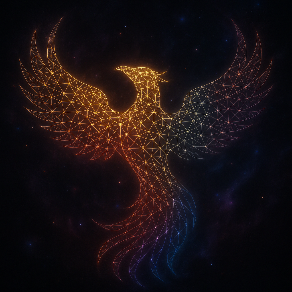 Digital illustration of a glowing, geometric phoenix with outstretched wings against a dark starry background.