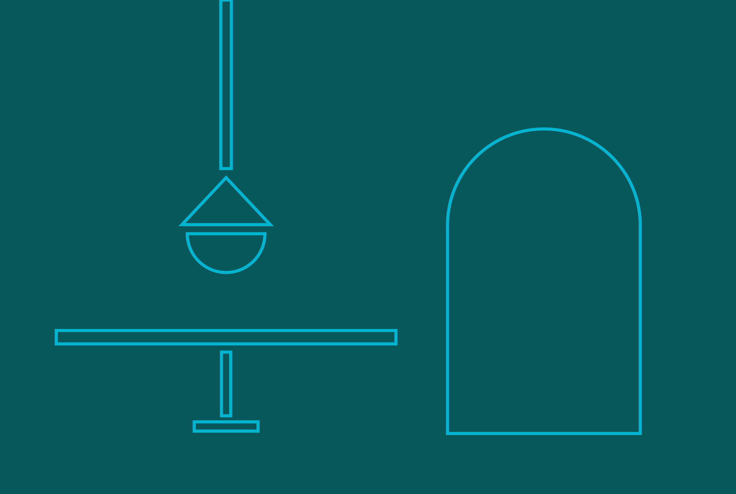 Line drawing of a rocket, balloon, and building on a teal background.