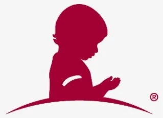 Silhouette of a young girl with short hair praying or thinking, with a curved line beneath her.