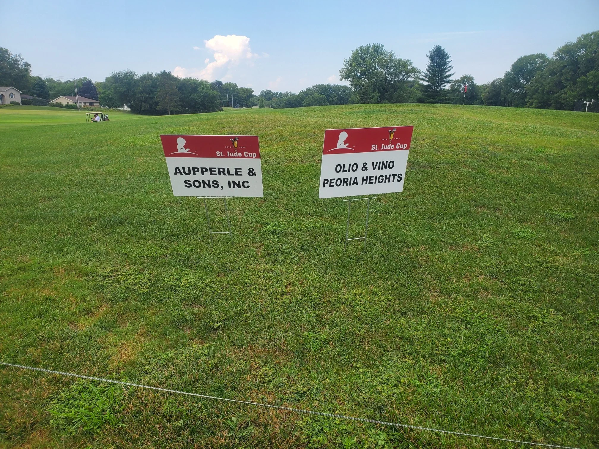 Two signs on a grassy field with trees and houses in the background. The signs read 'St. Jude Cup' and list two team names: 'Aupperle & Sons, Inc' and 'Olio & Vino Peoria Heights'.