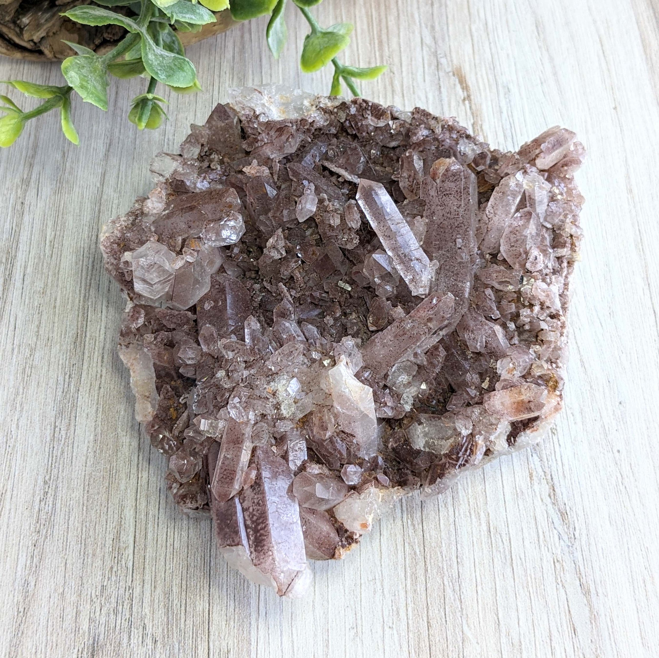 A cluster of purple-brown quartz crystals on a light wooden surface with green plant leaves in the background.