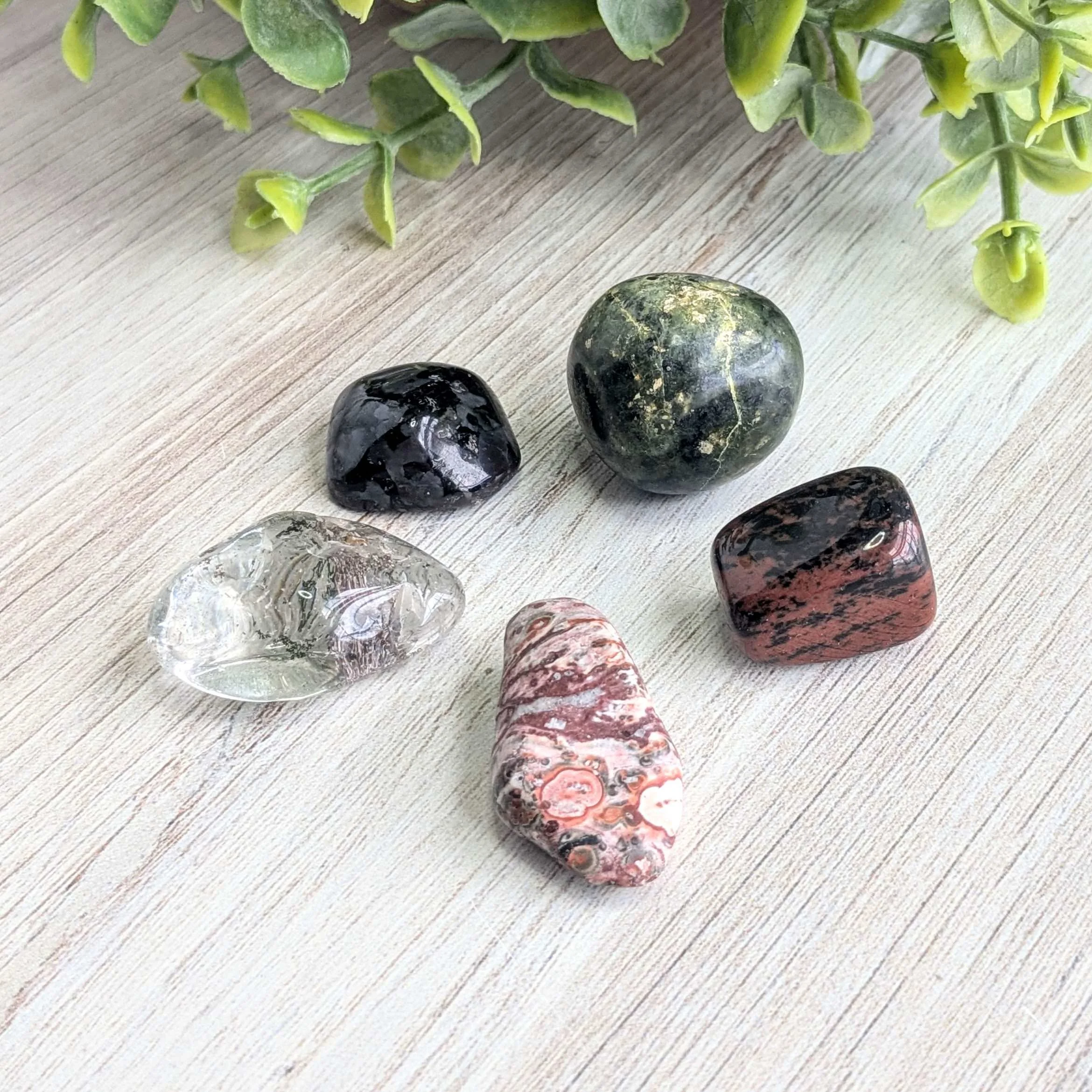 Five polished stones of various colors and shapes on a light wooden surface with green foliage in the background.
