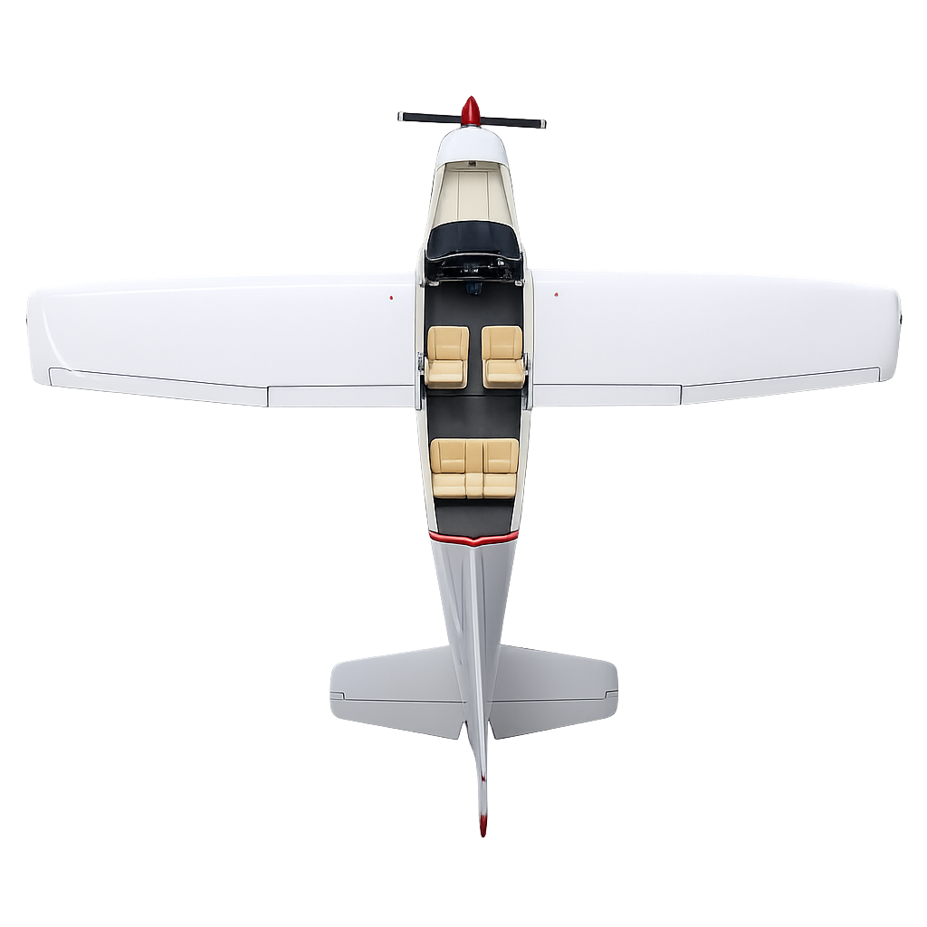 Top view of a small, sleek, white airplane with beige interior seats, seen from directly above.