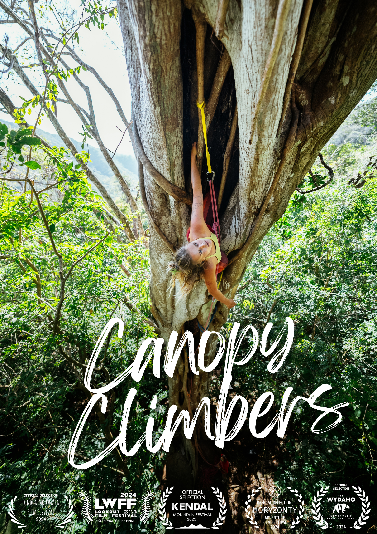 Canopy Climbers Movie Poster with a female tree climber