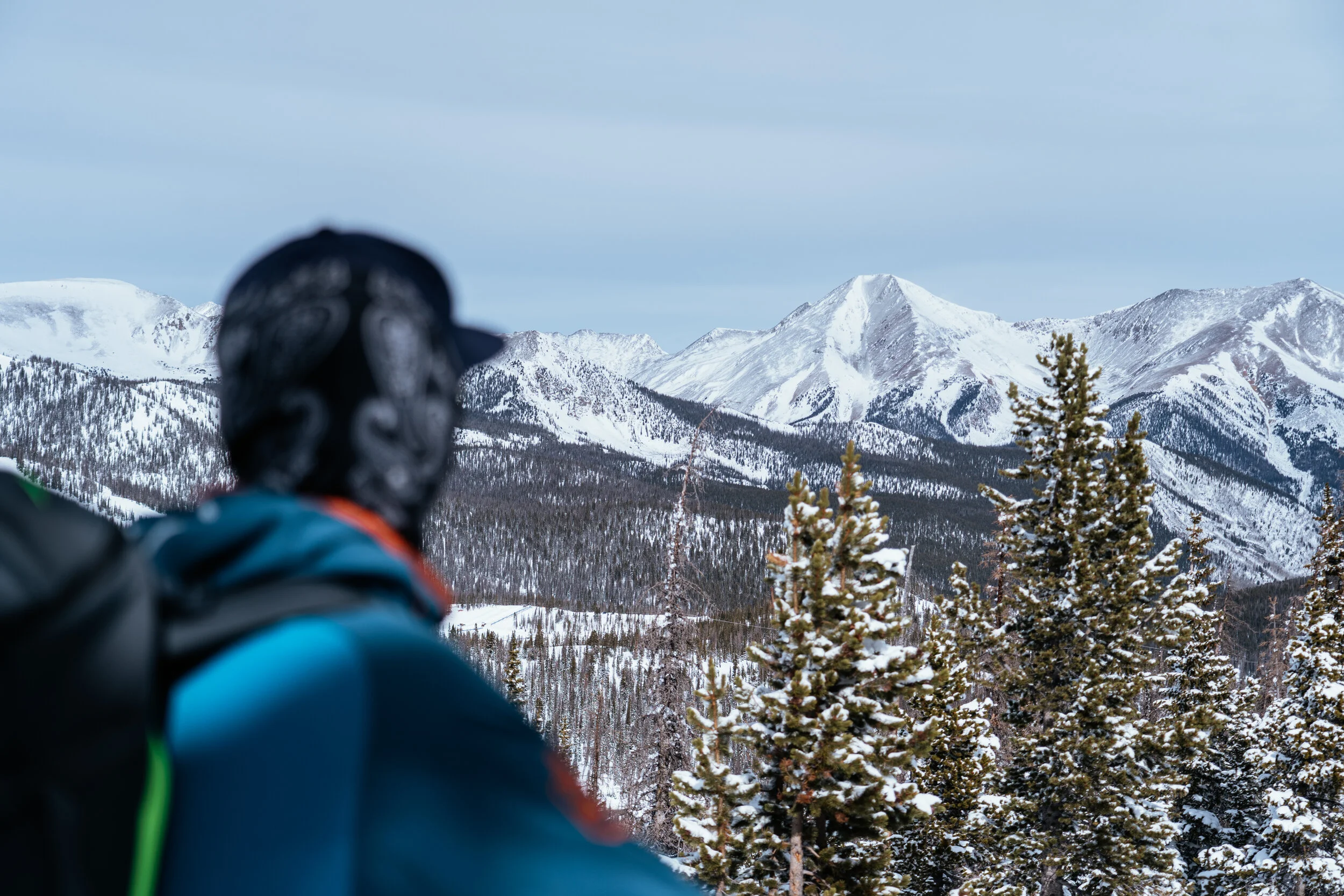A person in winter gear, including a helmet and jacket, looking at snow-covered mountains and pine trees.
