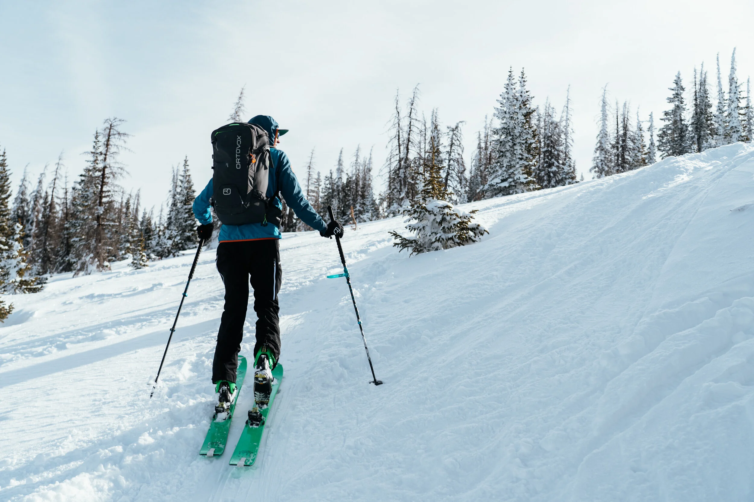 A person wearing winter gear and a backpack is skiing uphill through snowy terrain, surrounded by snow-covered trees under a clear sky.