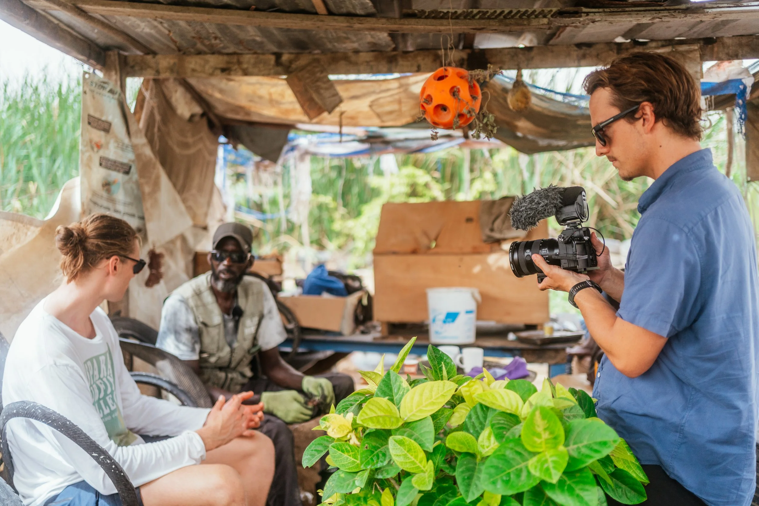 filmmaker Roo filming the Plastic Man in Senegal