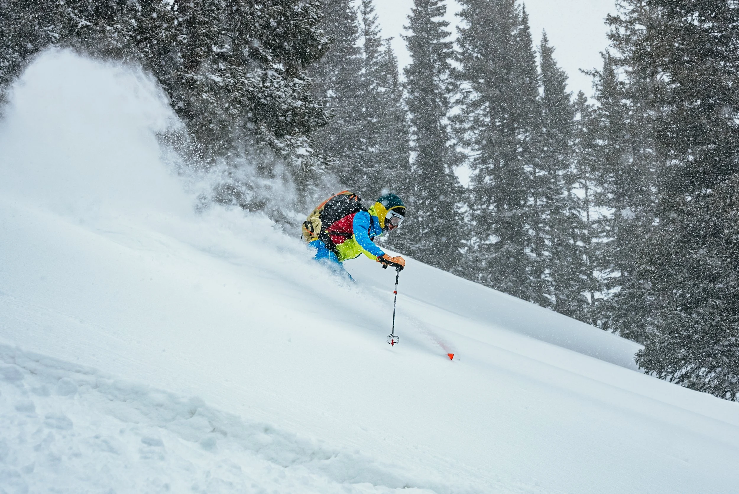 skier descending through powder and snowfall