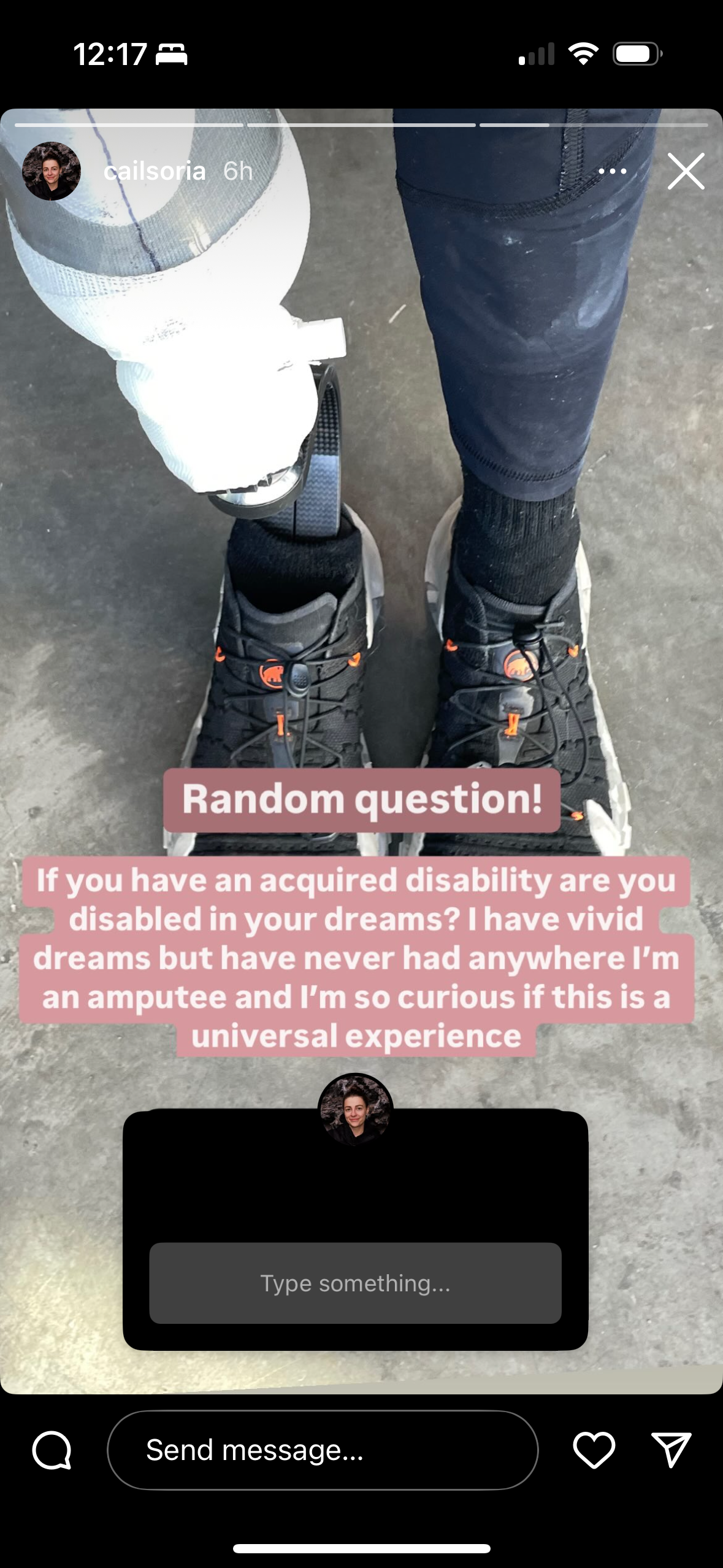 a screenshot of an Instagram story from Cail Soria about dreams
