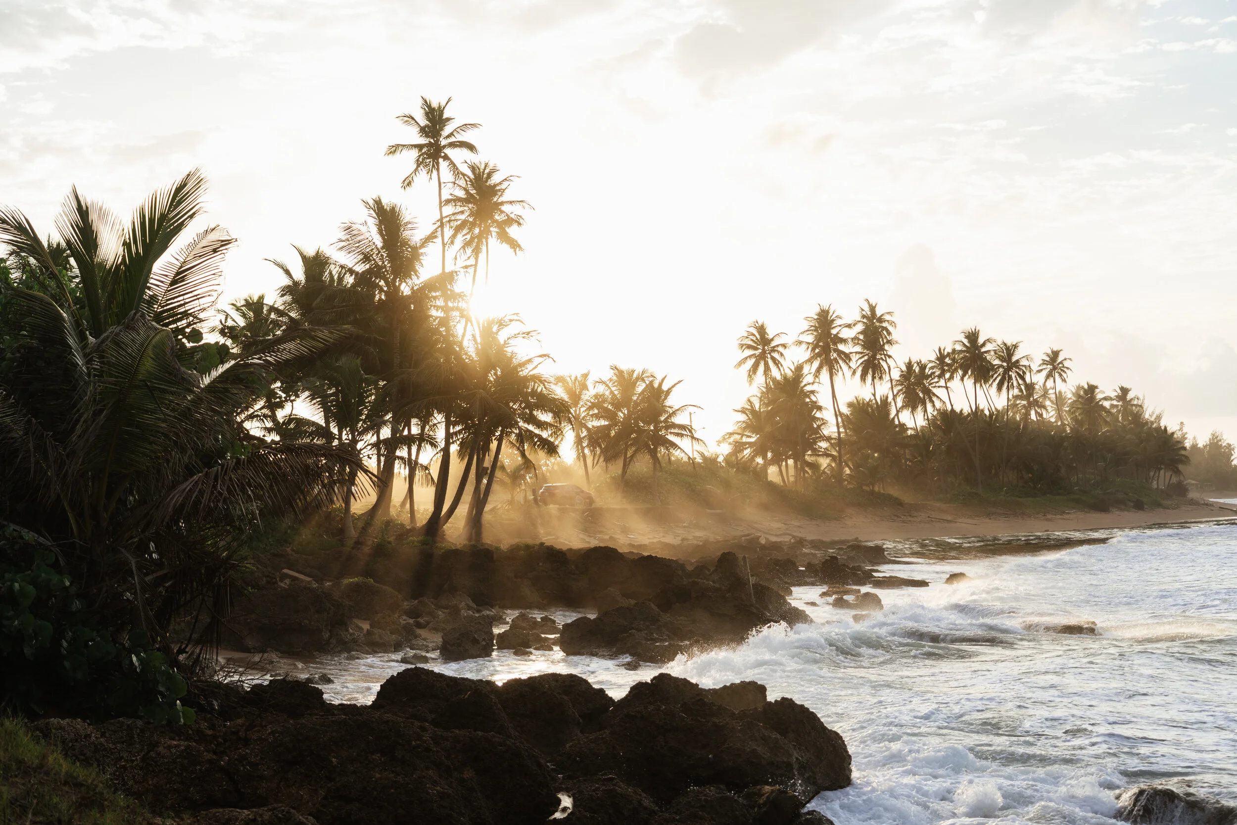 Sunset over a tropical beach with palm trees, rocks, and waves.