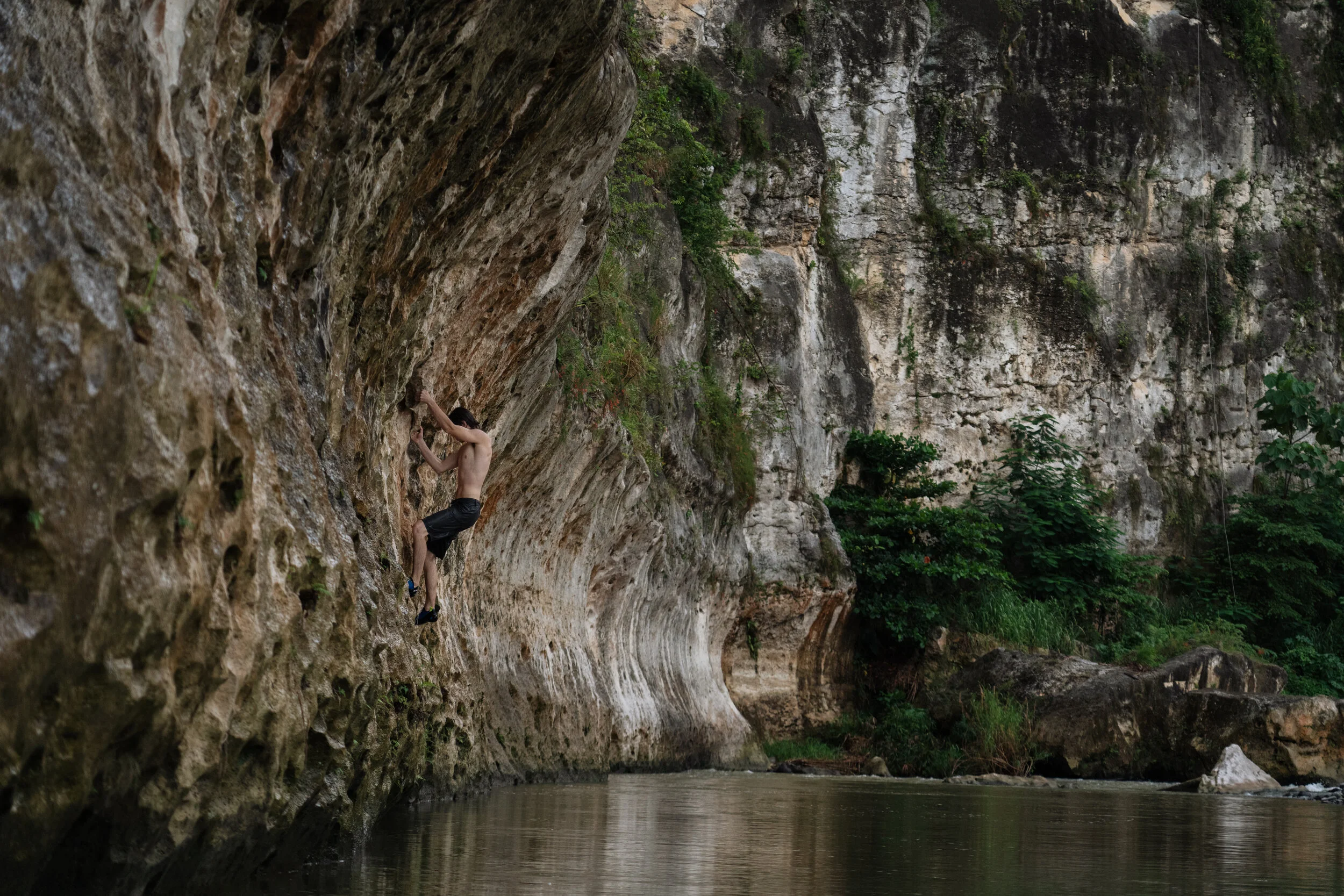 A person rock climbing on a vertical cliffside by a body of water surrounded by greenery.