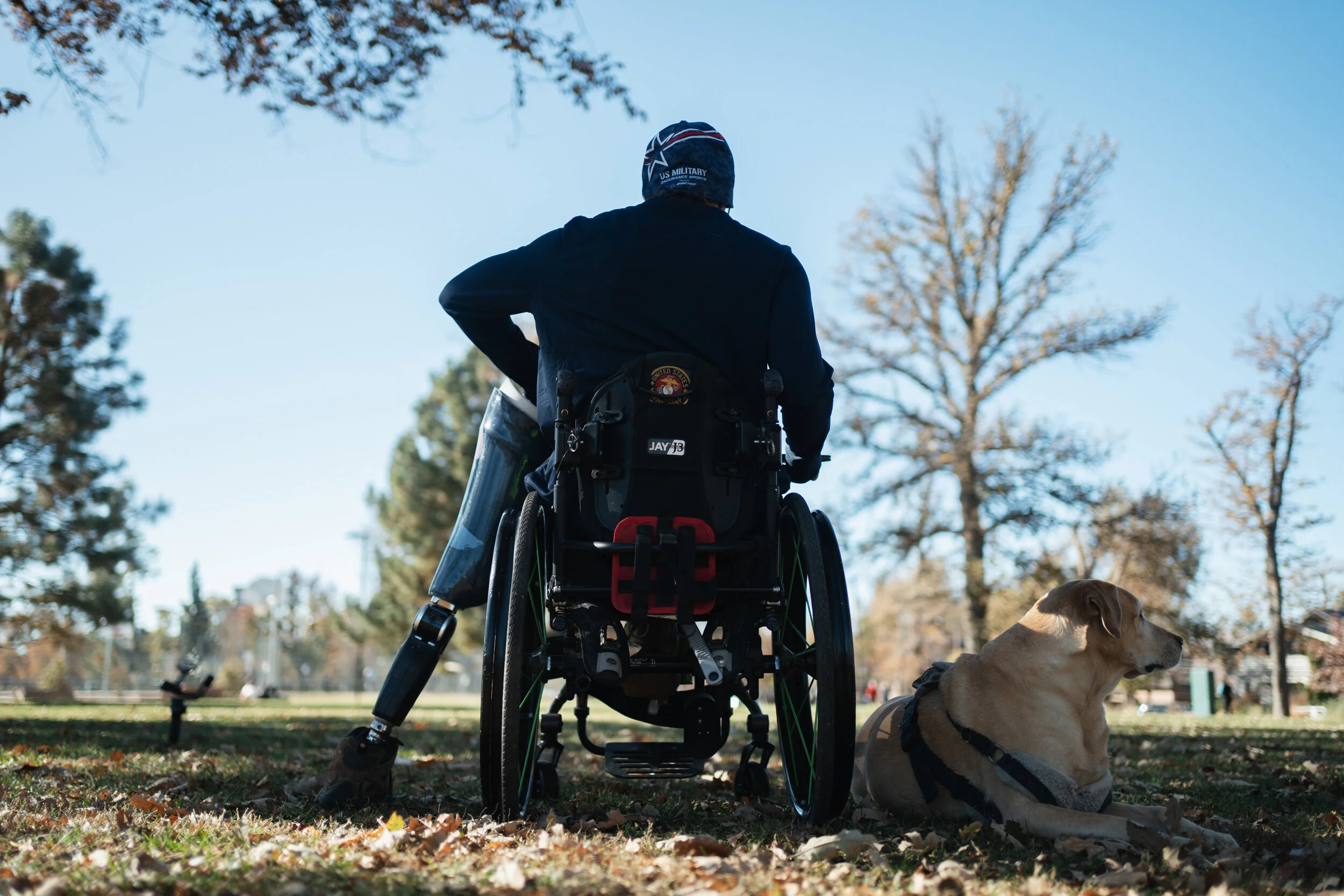 A person in a wheelchair with a prosthetic leg sitting outdoors in a park with a dog lying beside them, trees in the background, and a clear blue sky.