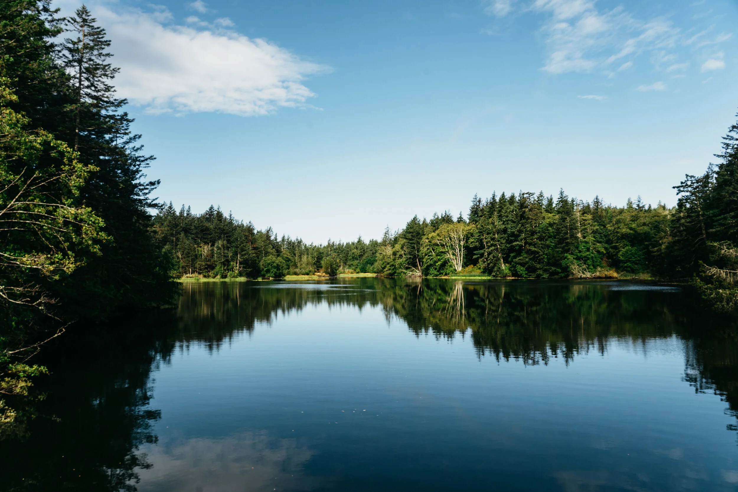 A calm river reflecting green trees on both sides with a partly cloudy blue sky above.
