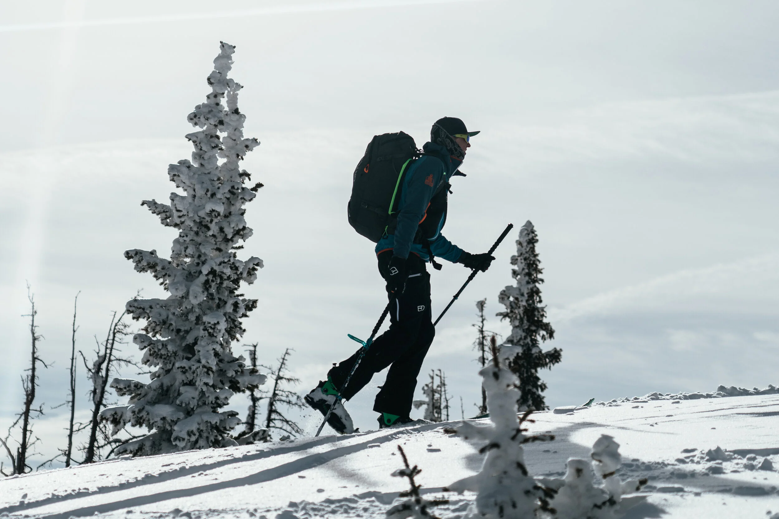 A person hiking in a snowy landscape with snow-covered trees, dressed in winter gear and carrying a backpack, using trekking poles.