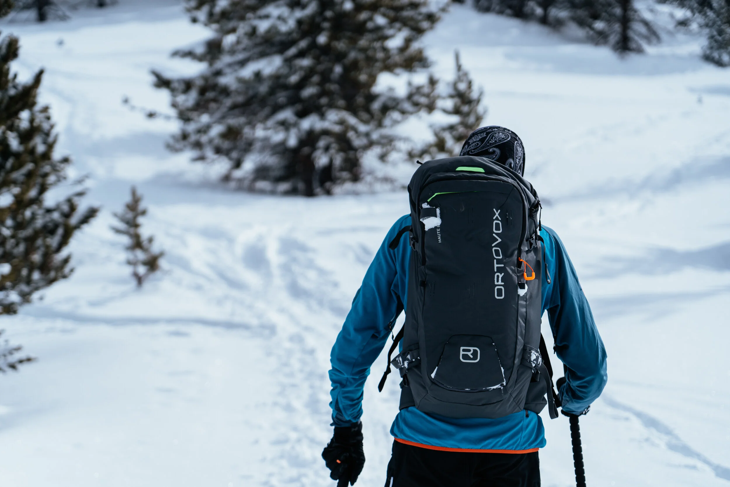 A person in blue winter gear with a black backpack hiking in a snowy landscape with trees.