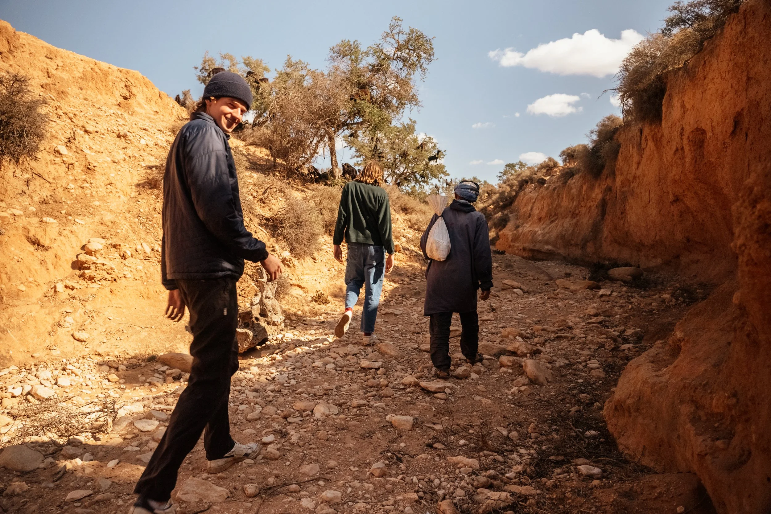 Four people hiking on a rocky trail in a desert landscape with orange cliffs and sparse trees under a blue sky.