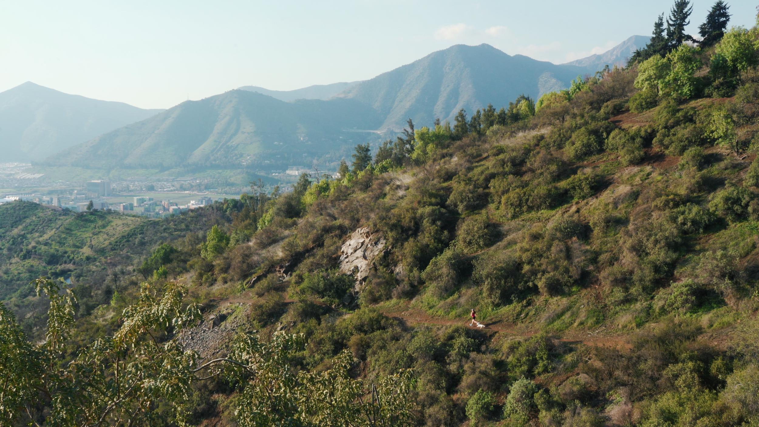 Hiking trail on a hillside with green shrubs and trees, with a person walking in the distance, mountains in the background, and a cityscape below.
